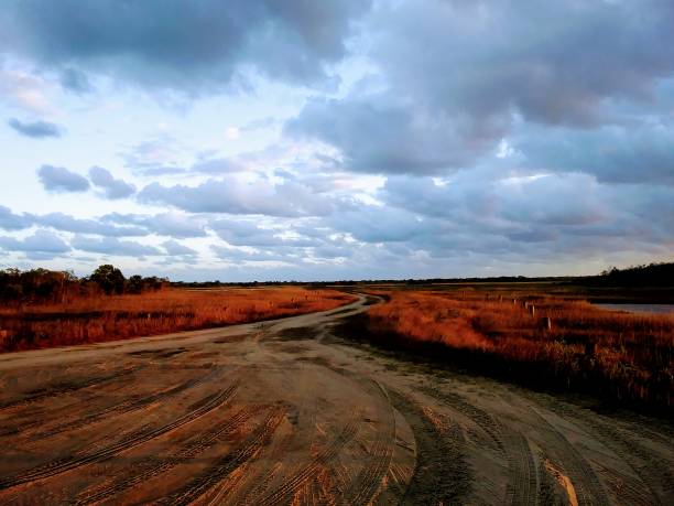 Assateague island beach, MD road with sky Dirt and sand road with blur cloudy sky and redish color grasses eastern shore sand sand dune beach stock pictures, royalty-free photos & images