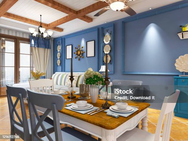 3d Rendering Dining Table Chest Of Drawers In Blue Mediterranean Style Restaurant Stock Photo - Download Image Now