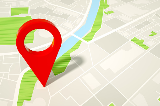 3D rendering of navigation map pointer, geo marker pin, travel destinations concept.