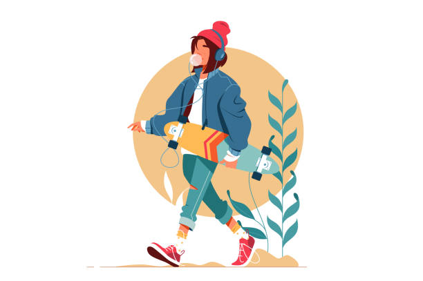 Girl walking outside Girl walking outside and listening to music vector illustration. Young woman in casual clothes holding skateboard and going down street flat style concept skateboard stock illustrations