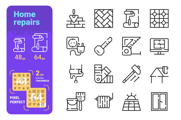 ilustraciones, imágenes clip art, dibujos animados e iconos de stock de conjunto de iconos de reparaciones de inicio - interface icons hammer home interior house