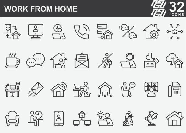 arbeiten von home line icons - von zu hause aus arbeiten stock-grafiken, -clipart, -cartoons und -symbole