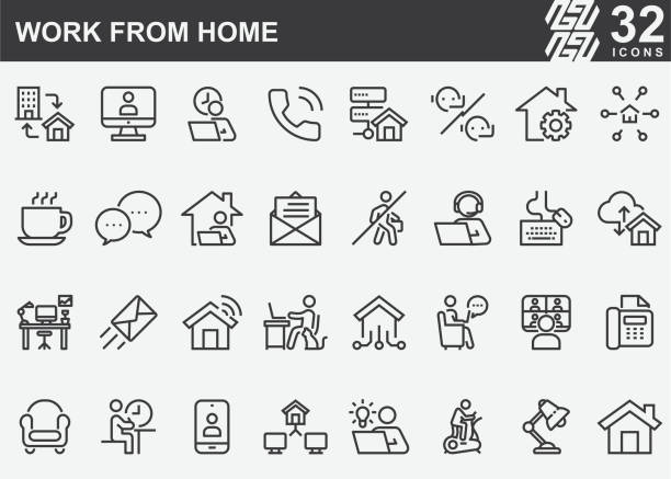 ilustrações de stock, clip art, desenhos animados e ícones de work from home line icons - work from home