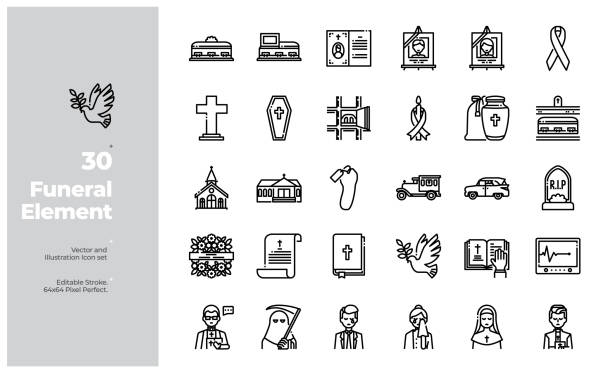 ilustraciones, imágenes clip art, dibujos animados e iconos de stock de conjunto de iconos de línea vectorial de elemento funerario. trazo editable. - place of burial illustrations