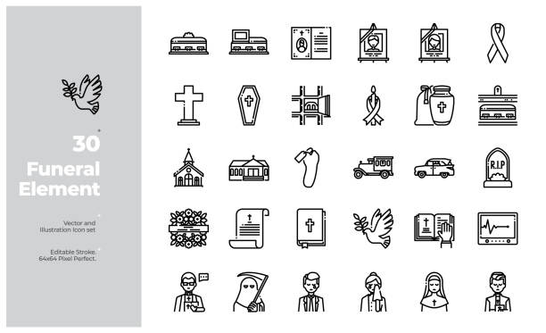 Vector Line Icons Set of Funeral Element. Editable Stroke. Vector Icon and Illustration Design. All Icon design based on 64x64 Editable Stroke. Design for Website, Mobile App and Printable Material. Easy to Edit & Customize. death stock illustrations