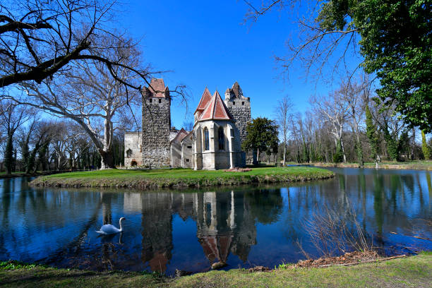 Pottendorf, Austria - March 15, 2020: Ruin of Pottendorf castle, a medieval moated castle in Lower Austria in public castle ground