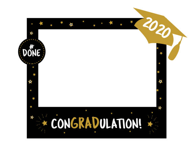 Photo booth props frame for graduation party Graduation party photo booth props. Frame with cap for grads. Concept for selfie. Photobooth vector element. Congradulation grad quote. Gold and black decoration for celebration 2019 photos stock illustrations