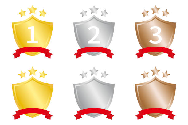 ilustrações de stock, clip art, desenhos animados e ícones de set of ranking icons - shield bronze gold silver