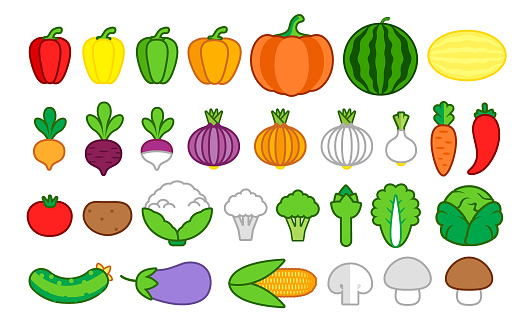 Set Of Outlined Simple Colourful Cute Cartoon Vegetables Isolated Stock  Illustration - Download Image Now - iStock