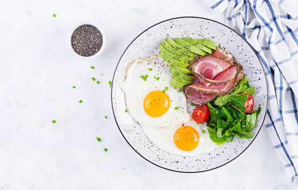 istock Ketogenic/paleo diet. Fried eggs, ham, avocado and fresh salad.  Keto breakfast. Brunch.  Top view, overhead 1216127634
