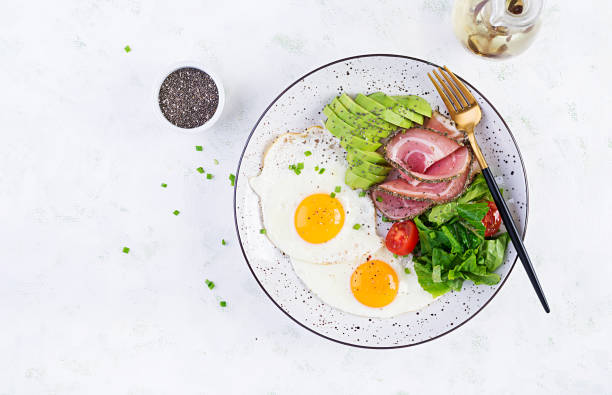 istock Ketogenic/paleo diet. Fried eggs, ham, avocado and fresh salad.  Keto breakfast. Brunch.  Top view, overhead 1216127645