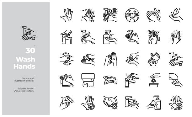 Vector Line Icons Set of Wash Hands. Editable Stroke. Vector Icon and Illustration Design. All Icon design based on 64x64 Editable Stroke. Design for Website, Mobile App and Printable Material. Easy to Edit & Customize. hand water pump stock illustrations