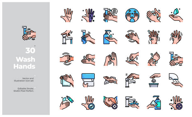 Vector Color Line Icons Set of Wash Hands. Editable Stroke. Vector Icon and Illustration Design. All Icon design based on 64x64 Editable Stroke. Design for Website, Mobile App and Printable Material. Easy to Edit & Customize. hand water pump stock illustrations