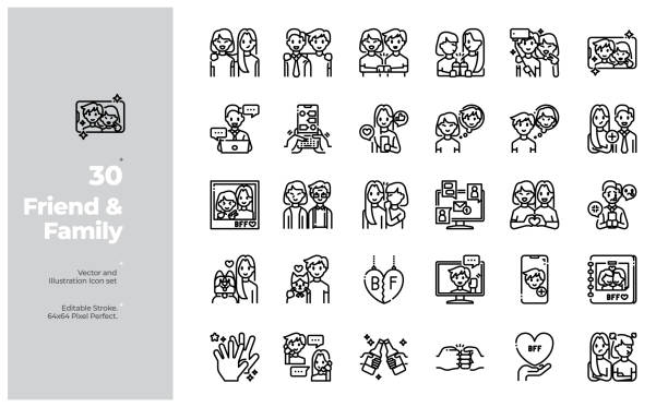 vektor-linie icons set von freund & familie. bearbeitbarer strich. - greeting teenager handshake men stock-grafiken, -clipart, -cartoons und -symbole