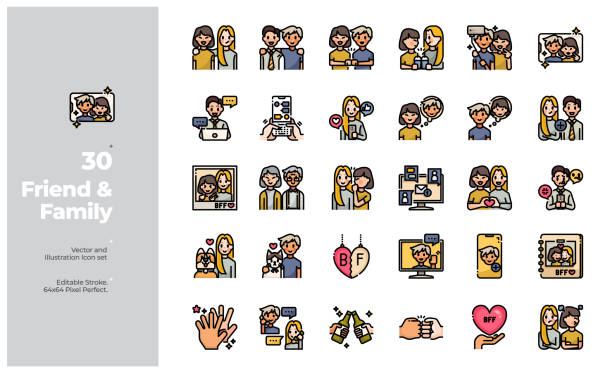 vektor-farblinie icons set von freund & familie. bearbeitbarer strich. - greeting teenager handshake men stock-grafiken, -clipart, -cartoons und -symbole