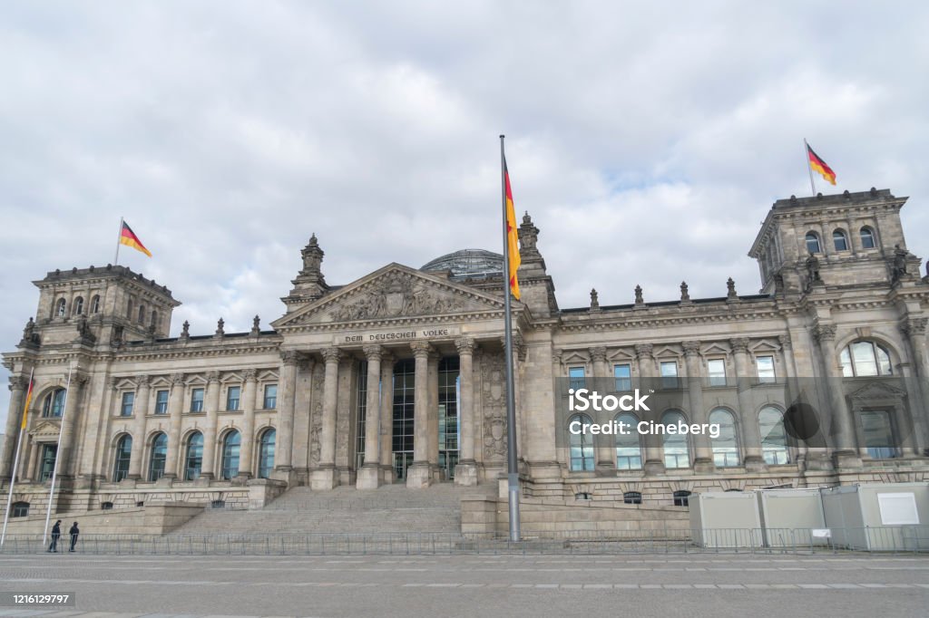 German Bundestag, Berlin Facade of the Berlin Reichstag building seen from Platz der Republik, the former Königsplatz, during the city's lockdown due to the COVID-19 spreading Germany Stock Photo