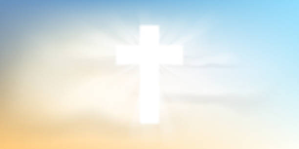 ilustrações de stock, clip art, desenhos animados e ícones de christian religious design for easter celebration, shining cross and white clouds. vector illustration. - cross church white heaven