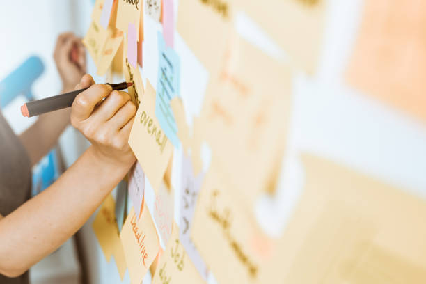 istock A team of business people writes sticky notes on a white board. 1216130114