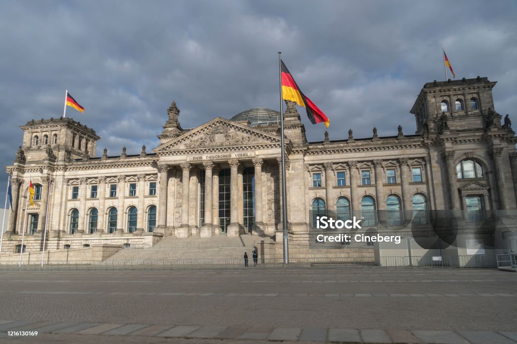 German Bundestag, Berlin Facade of the Berlin Reichstag building seen from Platz der Republik, the former Königsplatz, during the city's lockdown due to the COVID-19 spreading Germany Stock Photo