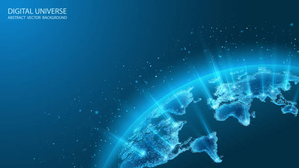 惑星の地図。球面世界地図。グローバルソーシャルネットワーク。将来。ベクトル。惑星地球と青の未来的な背景。インターネットとテクノロジー。浮いた青いプレキサス幾何学的背景。 - computer icon planet abstract social media点のイラスト素材／クリップアート素材／マンガ素材／アイコン素材
