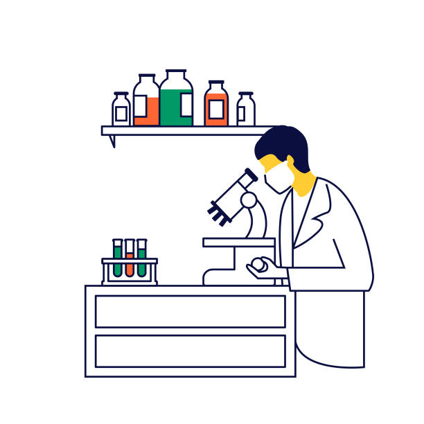ilustrações, clipart, desenhos animados e ícones de pesquisador a analisar coronavírus para uma vacina. - dna science high scale magnification magnification