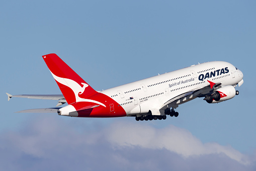 Sydney, Australia - October 8, 2013: Qantas Airbus A380 large four engined passenger aircraft taking off from Sydney Airport.