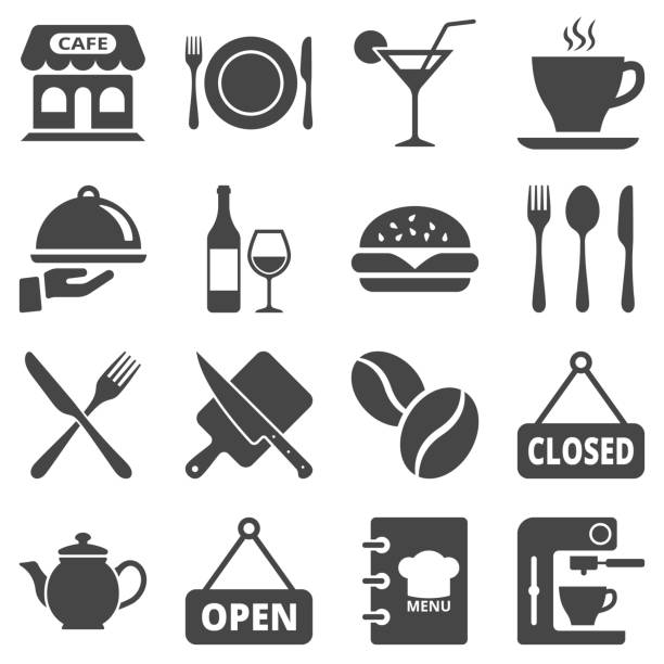 カフェとレストランのアイコンセットは、白い背景に隔離されています。ベクターの図。 - food or drink or food and drink audio点のイラスト素材／クリップアート素材／マンガ素材／アイコン素材