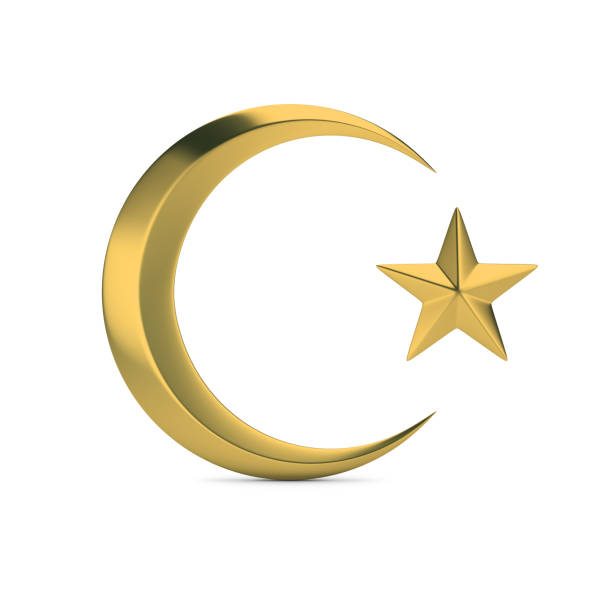 Islamic symbol Golden Islamic symbol. Crescent moon and star. 3D generated image. White background. islam moon stock pictures, royalty-free photos & images
