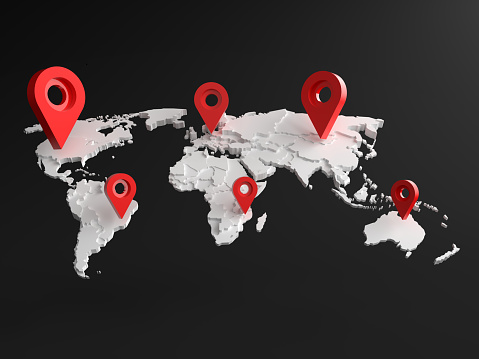 3D simulated world map White colors divided into zones for each continent. And there is a red placemark symbol for telling the location, Isolated on black backgrounds. Minimalist Black, 3D rendering.
