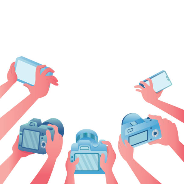 Surrounded by Cameras Cartoon illustration depicting a group of reporters at work on white background. paparazzi photographer illustrations stock illustrations