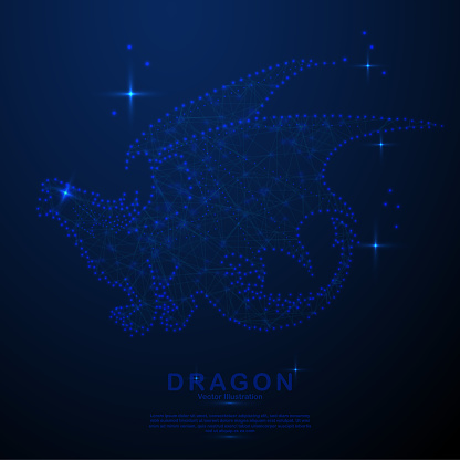 Dragon composed of polygon. Low poly vector Abstract image of the dragon at a starry sky or space, consisting of points, lines, and shapes in the form of planets, stars and the universe. low poly style design