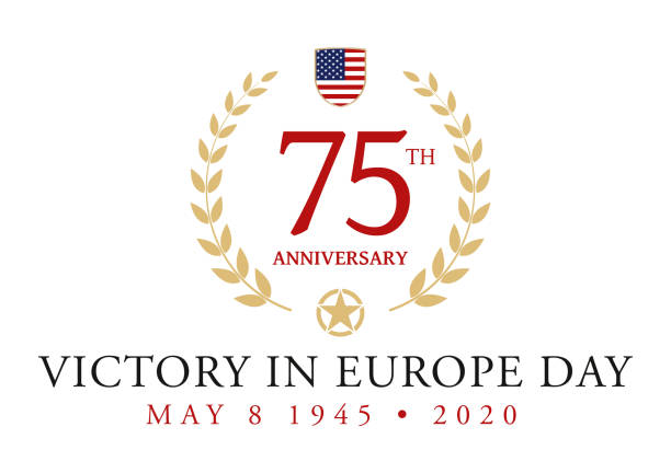 Victory in Europe Day 75th Anniversary Logo for the V-E Day 75th Anniversary - 8 May 1945, the WII Victory in Europe Day 
« Victoire des alliés en Europe » means « Allies forces victory in Europe » 1945 stock illustrations