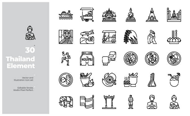 вектор линии иконы набор таиланд элемент. редактируемый ход. - bangkok thailand rickshaw grand palace stock illustrations