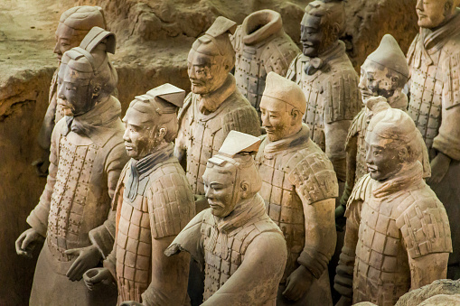 China, Xian - 30 May, 2011: Terra cotta warriors excavation. The statue army, discovered in 1974, has been created to protect the First Qin Emperor's Mausoleum.