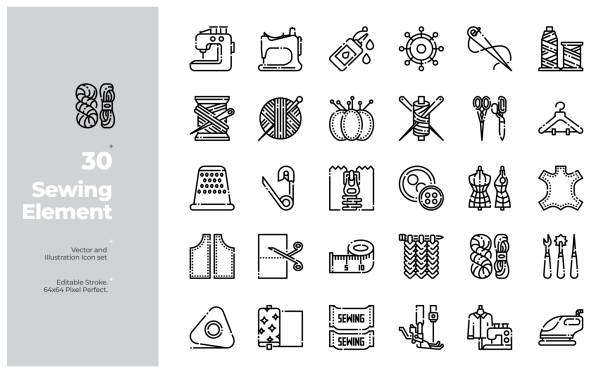 vector line icons set von nähausrüstung. bearbeitbarer strich. - sewing tailor sewing machine needlecraft product stock-grafiken, -clipart, -cartoons und -symbole