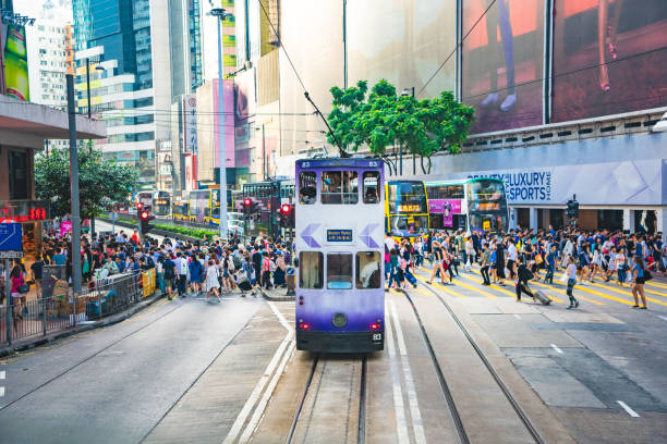 istock Hong Kong street scene in Wan Chai tramway path 1216146396