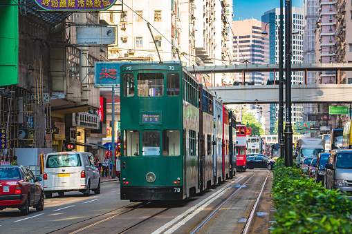 Hong Kong street scene in Wan Chai tramway path