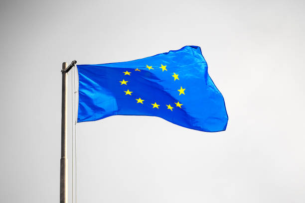 istock The EU flag waving with the wind on the clear light gray sky, set on a high pole. 1216147930