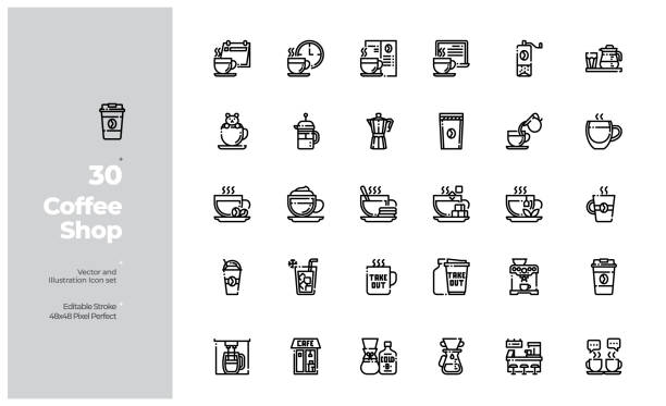 ilustrações de stock, clip art, desenhos animados e ícones de vector line icons set of drink and coffee shop. editable stroke. - coffee cup bean sugar