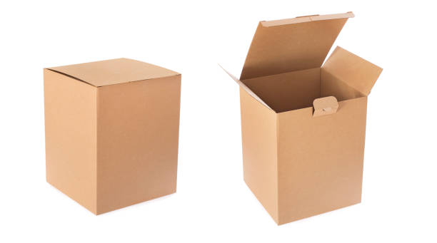 istock Set of cardboard empty package boxes isolated on white background. Open and close delivery carton box. 1216149334