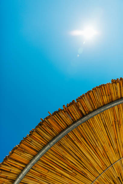 Summer beach sunshade in front of seascape.