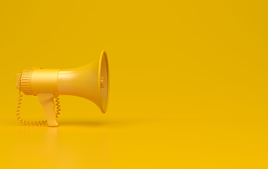 Monochrome yellow single megaphone. Loudspeakers on a yellow background. Conceptual illustration with copy space. 3D render.