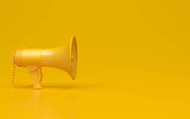 Monochrome yellow single megaphone. Loudspeakers on a yellow background. Conceptual illustration with copy space. 3D render. Monochrome yellow single megaphone. Loudspeakers on a yellow background. Conceptual illustration with copy space. 3D render bullhorn stock pictures, royalty-free photos & images