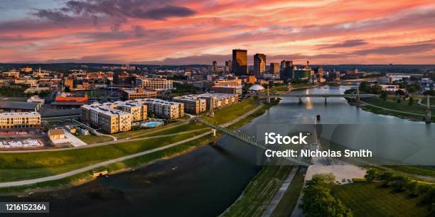 Colorful Downtown Sunset Stock Photo - Download Image Now - Ohio, Dayton - Ohio, Urban Skyline