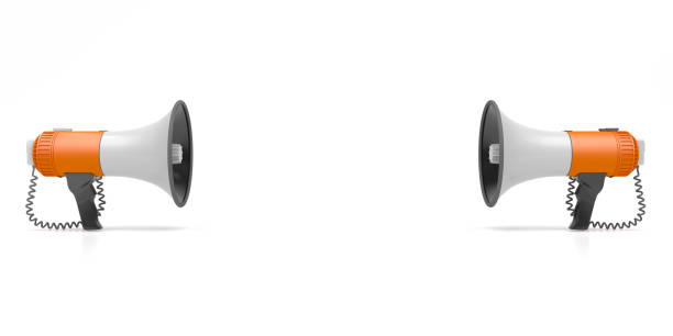 Two megaphones are directed at each other. Loudspeakers isolated on a white background. Conceptual illustration with copy space. 3D render