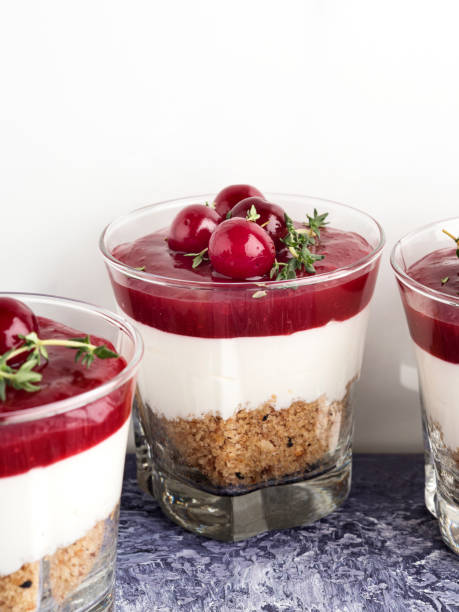 istock Dessert cream with fruit,Cherry pudding, Mousse cherry, Compote de Cerise, panna cotta with biscuit and cherry jelly 1216153871