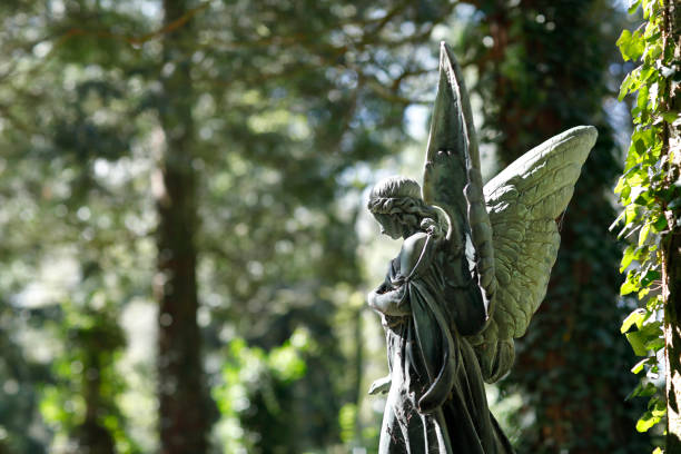 Weathered old angel statue with a rose on a cemetery in Germany