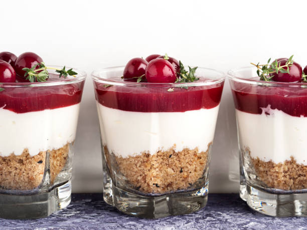Dessert cream with fruit,Cherry pudding, Mousse cherry, Compote de Cerise, panna cotta with biscuit and cherry jelly