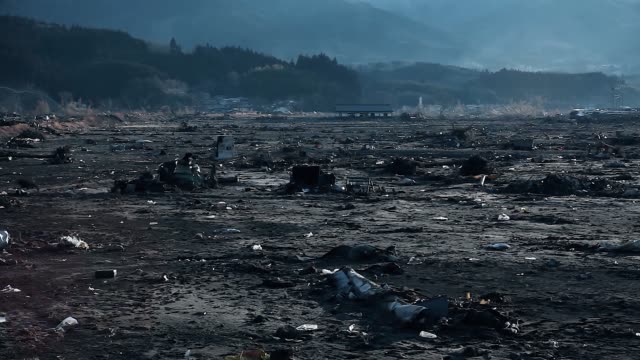 Fukushima, Japan - 03/11/2011 : destroyed city with only ruins left in the streets after the tsunami