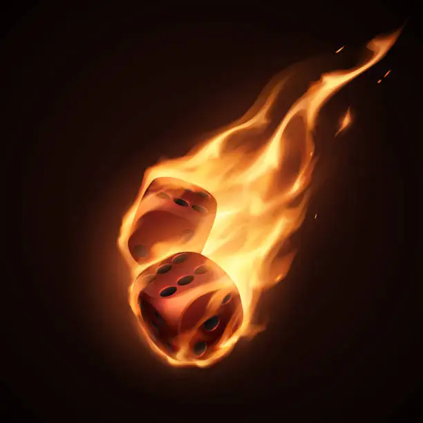 Vector illustration of Red dice in fire on black background